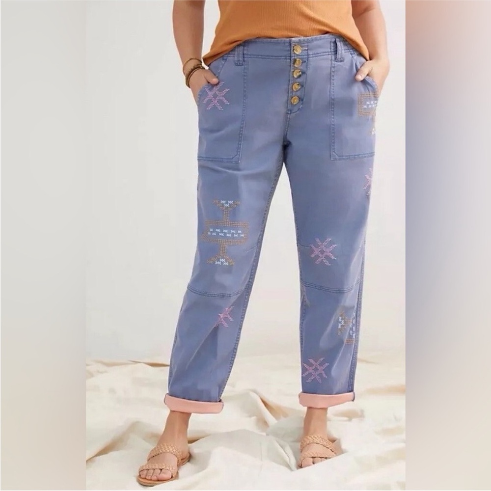 Anthropologie Pilcro The Wanderer Indigo Cross Stitched Utility Crop Pants 28